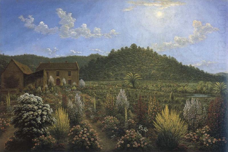 a view of the artist s house and garden in mills plains,van diemen s land, John glover